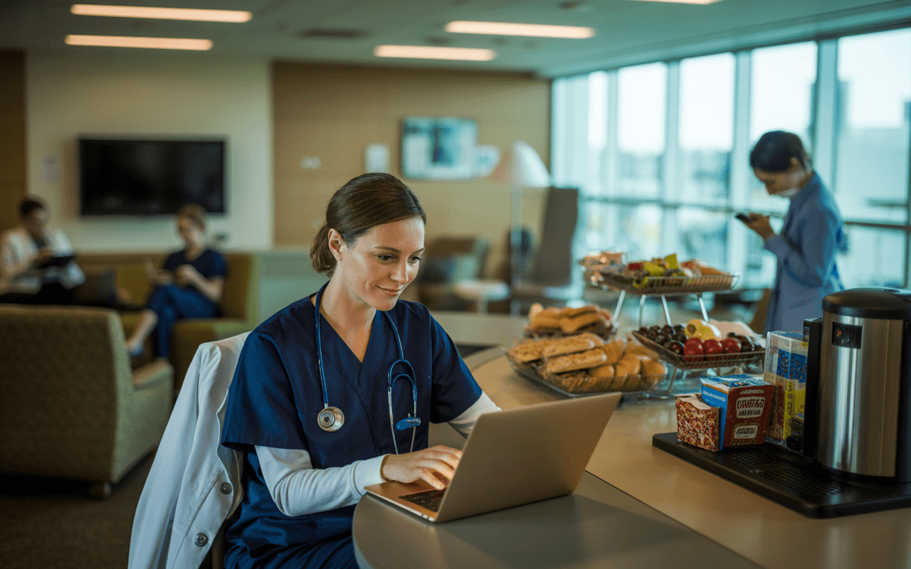 A physician working on a laptop in a hospital break room