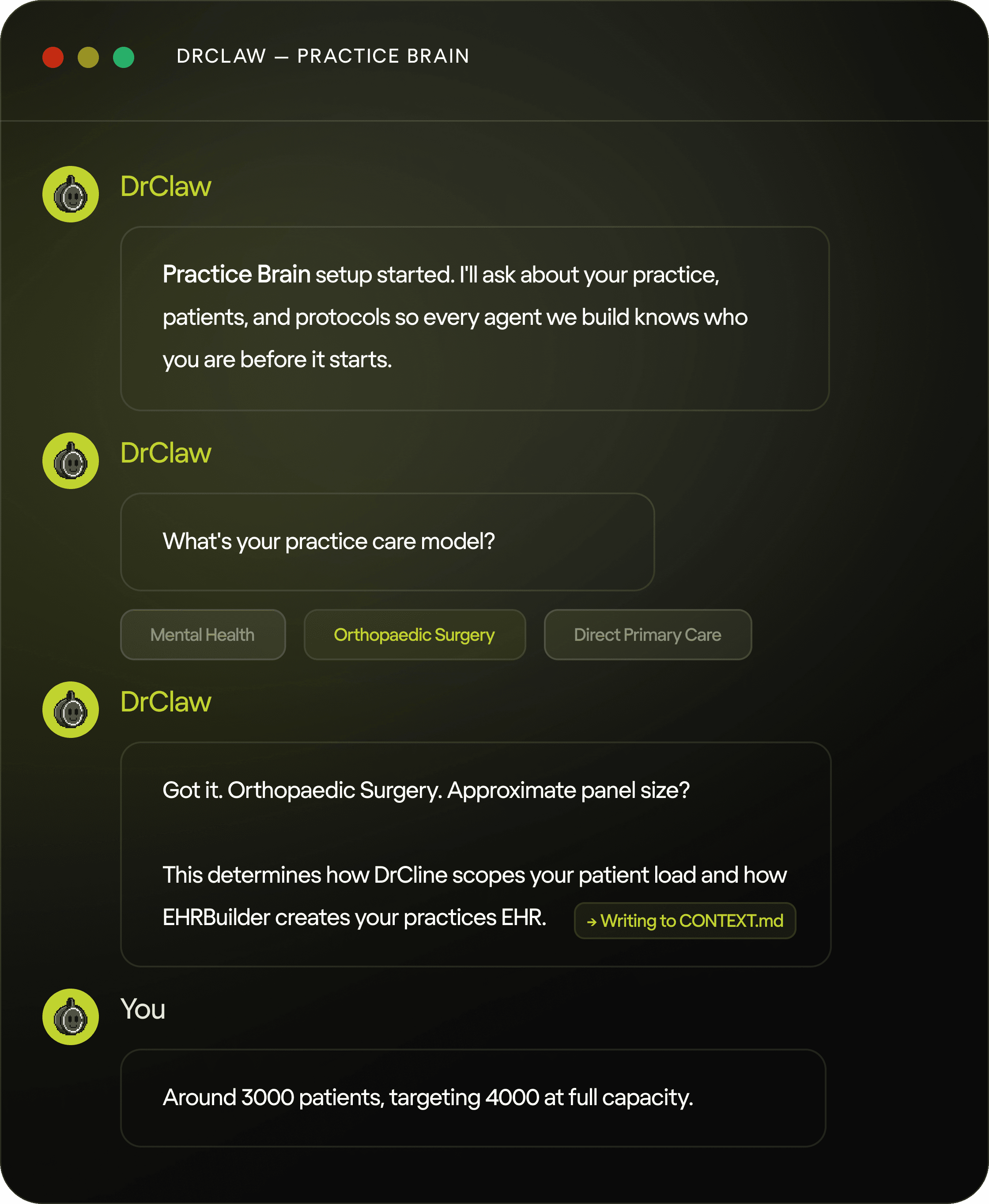 DrClaw building the Practice Brain through a guided interview