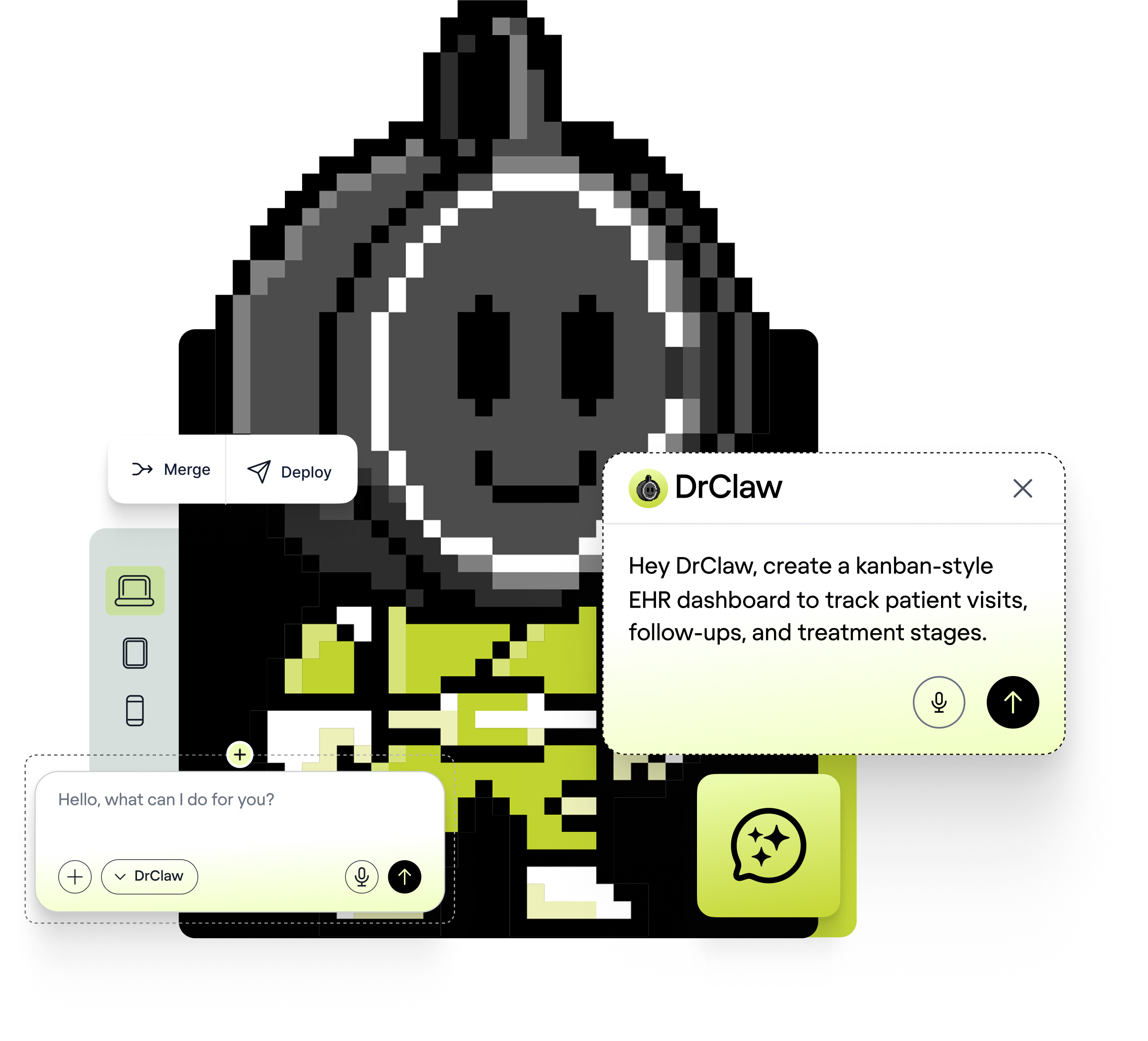 DrClaw mascot orchestrating EHR work — Merge, Deploy, and a DrClaw chat composing a kanban dashboard