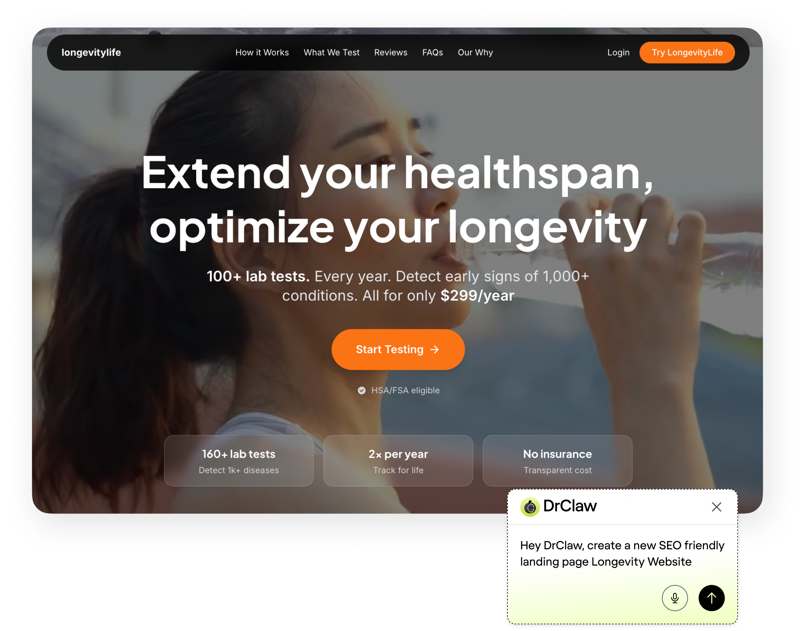 Browser mockup of a 'Longevity Health' landing page being built inside Cline with a DrClaw chat overlay