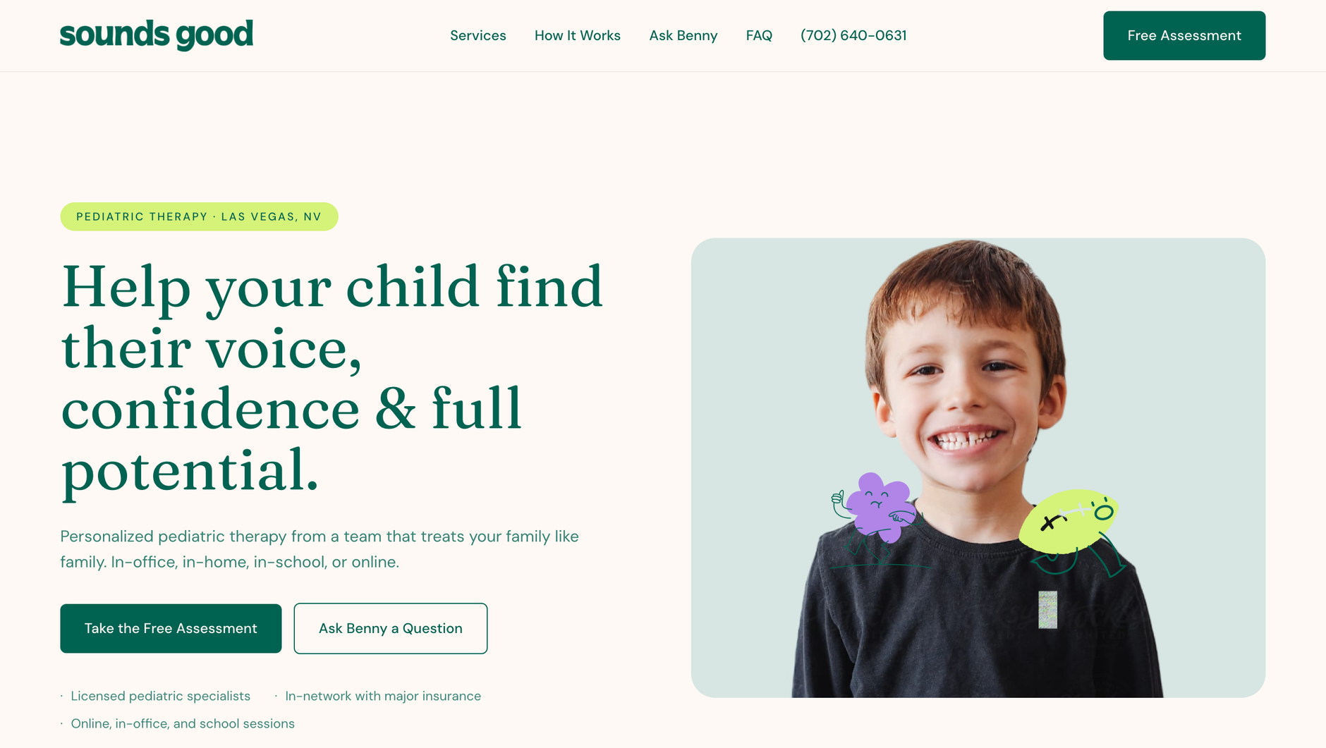 A live Marketing Agent page for 'sounds good', a pediatric therapy practice
